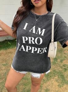 SHEIN EZwear Plus Size Women's Oversized T-Shirt With Casual Slogan Print, Short Sleeve, Summer,Holiday,Graphic Tees - Multicolor - View 4