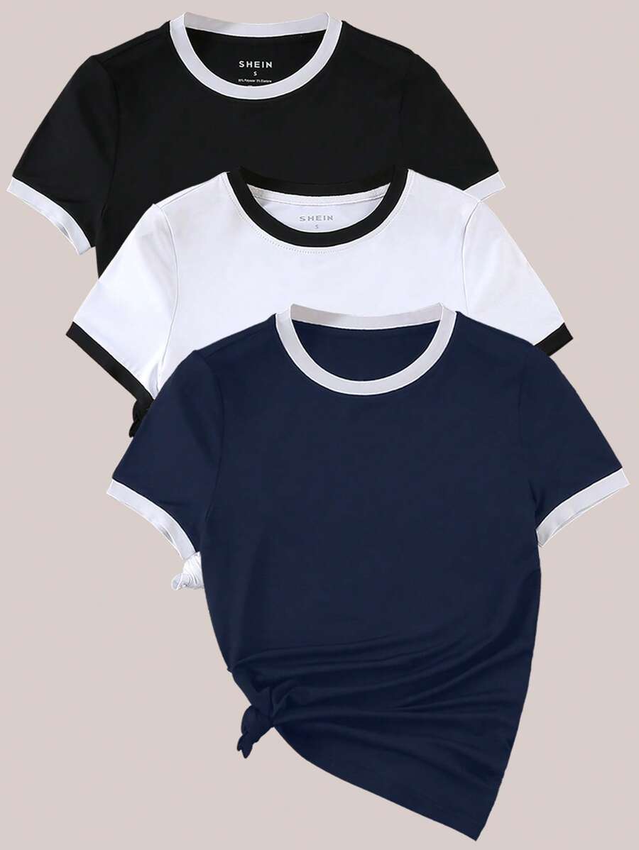 INAWLY Áo thun nữ mùa hè giản dị đa năng có viền tương phản - Nhiều màu - Xem 1