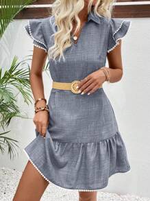 SHEIN LUNE 女式节日V领荷叶边袖休闲短款连衣裙 - 淺灰色 - 查看 6