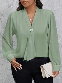 SHEIN Privé Blusa Elegante de Manga Longa com Design de Laço, Cor Sólida, Plus Size para Mulheres - Verde Menta - Visão 3