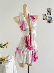 Soleia Conjunto de 2 piezas con top halter de cuello en V sexy con estampado floral y minifalda de cintura baja con cordón, adecuado para vacaciones, citas, té de la tarde, vacaciones, festival de música, estilo bohemio - Rosa - Ver 3