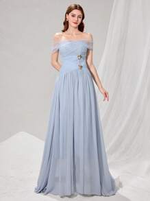 Poshira Women's Solid Color Mesh Off Shoulder Ruched Metallic Flower Decor Elegant Formal Evening Gown - Blue - View 3