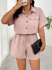 SHEIN LUNE Plus Size Solid Color Short Sleeve Jumpsuit, Casual Summer - Dusty Pink - View 3