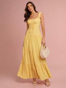 Enchnt Vestido largo de mujer romántico, sin mangas, de cuello cuadrado con tirantes cruzados, de color amarillo sol, para primavera/verano, dulce y elegante para vacaciones, citas, días festivos, fiestas, graduaciones, invitadas de boda, playa, bailes de graduación, vestidos de verano para mujeres, ropa de verano, vestidos elegantes de mujer, vestidos elegantes para fiestas