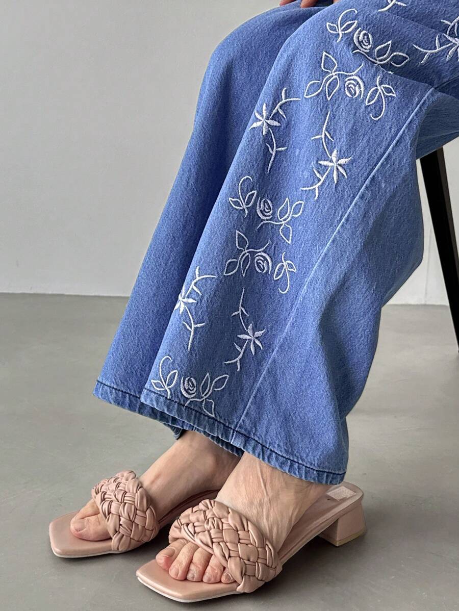 FRIFUL 女士花卉刺绣口袋阔腿宽松休闲牛仔裤女士牛仔裤高腰女士夏季服装女士衣服女士夏季衬衫女士下装 - 藍色 - 查看 1