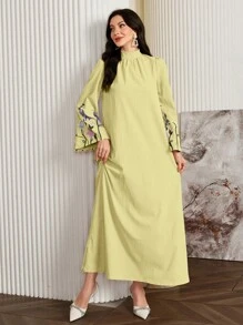 Al Najma 女式花卉印花立领长袖休闲宽松连衣裙，优雅束腰阿拉伯连衣裙，适合日常休闲/旅行/度假/休假，端庄