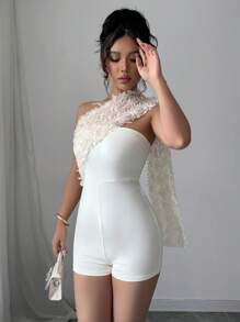 SHEIN Clasi Women's Floral Patchwork Decor Romper - Apricot - View 3