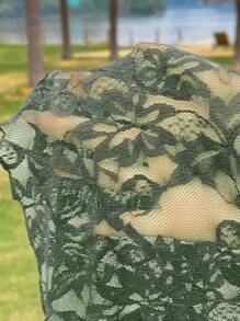 SHEIN EZwear Plus Size Lace High Low Hem Skirt, Minimalist & Fashionable, Suitable For Summer - Olive Green - View 6