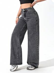 بنطال جينز واسع الساق وعالي الخصر مبشور بشكل مرتاح عادي