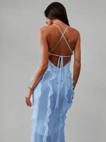 Aloruh Váy hở lưng thanh lịch không tay có chi tiết xếp nếp nhiều lớp, phong cách nữ thần duyên dáng, làm thon gọn và dài ra, mùa xuân/hè - Màu xanh lam - Xem 5