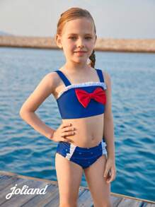 Joliand Joliand 2pcs/Set Young Girl Urban Elegant Red Halter Top With Navy Bow Decor And Sailor Anchor & Lighthouse Printed Swimsuit, Suitable For Pool, Beach, Summer