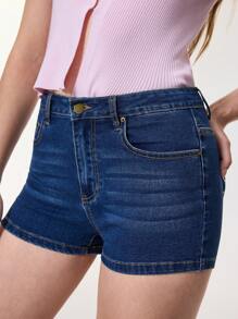 SHEIN Essnce Low Waist Denim Rhinestone Decorated Shorts For Women,New Summer Fashion Casual Elastic Fitted Sexy Slim Attractive Shorts - Blue - View 7