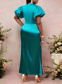 SHEIN Lady Plus Size Women Solid Color Hollow Out Short Puff Sleeve Bodycon Fishtail Elegant Dress Cruise Outfits Women - Teal Blue - View 2