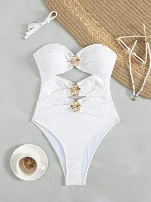 Swim Vcay 1 pieza Traje de baño de una pieza para mujer con tela texturizada y decoración de pétalos calados, diseño elegante para el ocio y las vacaciones