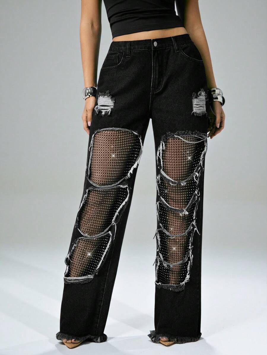 Denimoi Distressed Rhinestone Net Denim Jeans Straight Leg Jeans Sheer Mesh Rhinestone Fashionable Concert Outfits Concert Bottoms
