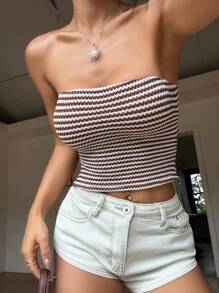 Sunnyshic Women's Spring And Summer Beach/Casual Versatile Backless Tube Top With Striped Pattern - Brown - View 6