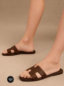 SHUZIA Wide Fit Women's Luxe-Inspired Harness Cutout Open Toe Minimalist Palm Print Pu Dark Olive Slides-Plus Size Comfort