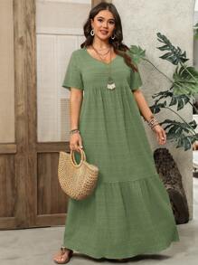 EMERY ROSE Vestido maxi de talla grande para mujer de primavera temprana, de cuello redondo, manga corta y bajo con volantes, de unicolor