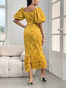 Modelyn Women's Floral Jacquard Fringe Hem Bubble Sleeve Dress Long Evening Dresses - Yellow - View 2