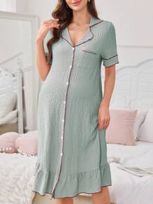 SHEIN Contrast Color Collar Ruffled Hem Jacquard Short Sleeve Open Front Maternity Dress - Mint Green - View 6