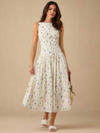 Enchnt Fall/Winter Romantic Women's Apricot Floral Print&Eyelet Hollow Embroidery Sleeveless Long Dress,Sweet&Elegant For Vacation&Date&Holiday&Going Out,Spring Outfit Women