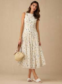 Enchnt Váy dài không tay thêu lỗ và họa tiết hoa mơ lãng mạn mùa thu/đông dành cho nữ, váy công sở - trắng - Xem 5