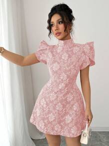 Elenzga Women's Vintage Red Textured Fabric Puff Sleeve Elegant High Collar Back Button Bow Contrasting Cutout Waist Design Slim Short Sleeve Mini Dress, Fashionable Summer - Pink - View 5