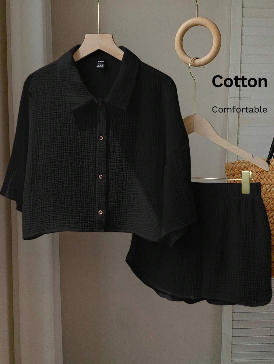 Comfortcana 2pcs Black Summer Resort Women Shirt And Shorts Set - Black - View 1