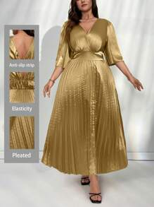 Firerie Elegant Romantic V-Neck Waist-Gathered Ruffle Sleeve A-Line Gold Pleated Long Dress, Suitable For Holiday, Birthday, Formal Occasions, Concerts - Gold - View 3