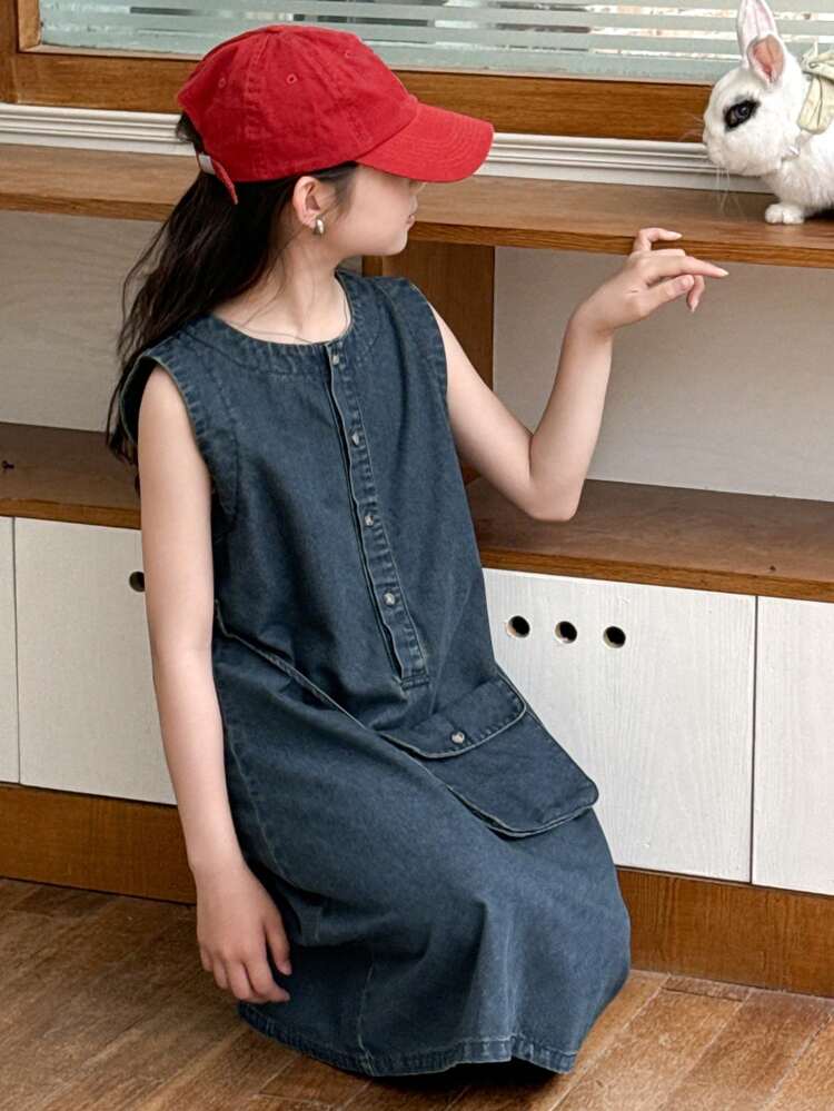 Tween Girl Crew Neck Sleeveless Denim Dress, Summer