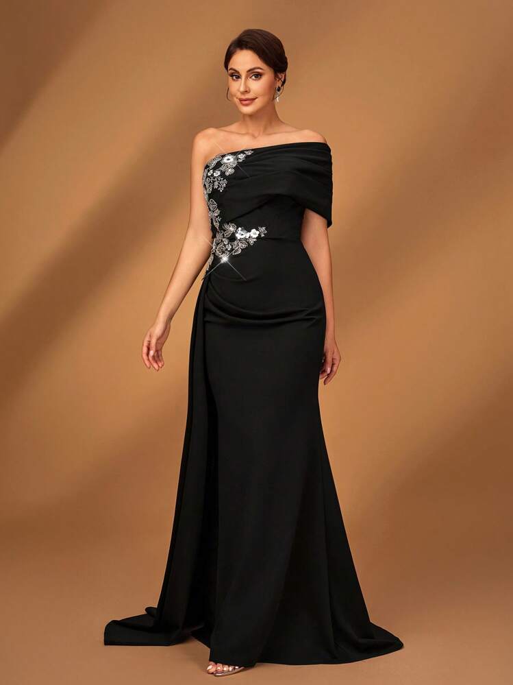 Summer Elegant Romantic Gorgeous Black Stretch Knit One Shoulder Pleated Luxury Embroidered Beaded Applique Micro Fishtail Hem Floating Piece Small Tail Suitable For Dinner Bachelorette Party Date Dance Holiday Music Festival Wedding Event Mother Of The Bride Dress, Valentine's Day Mother Of The Bride Dress - Chic Modest Lace Dress For Special Day - Black - View 5