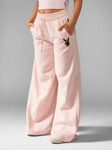 Missguided x Playboy 抽绳羊毛阔腿运动裤，带徽标设计，运动家居服，舒适健身瑜伽裤，冬秋系列，活力生活方式