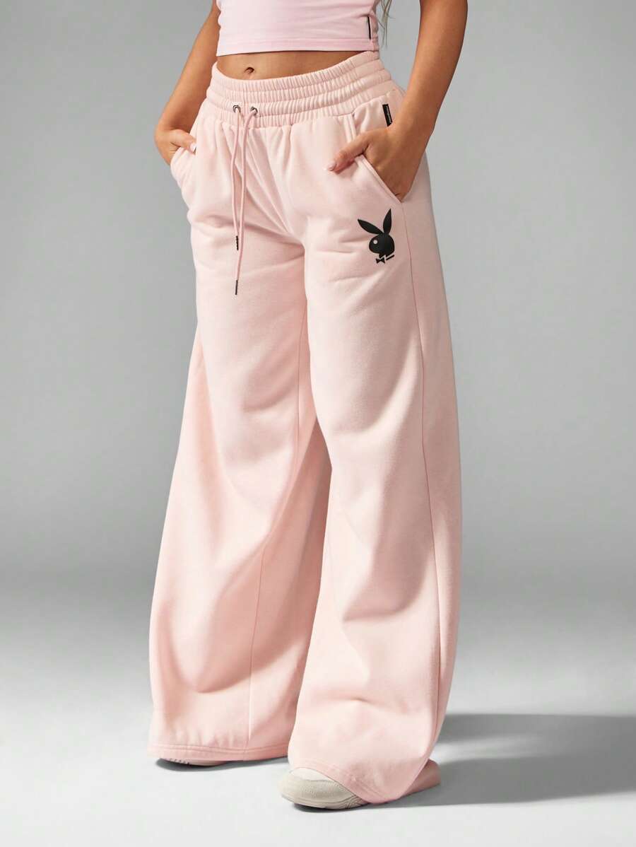 Missguided x Playboy 抽绳羊毛阔腿运动裤，带徽标设计，运动家居服，舒适健身瑜伽裤，冬秋系列，活力生活方式