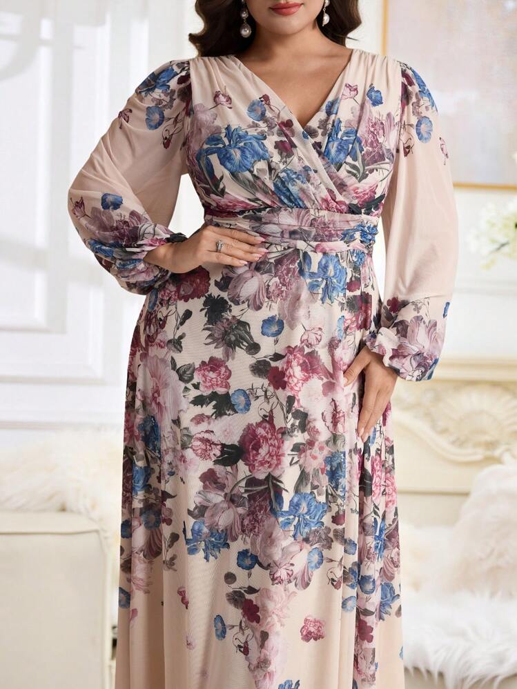 Modelyn Plus Size Women Floral Print Surplice V-Neck Lantern Sleeve Elegant Dress,Flowy Dress - Multicolor - View 5