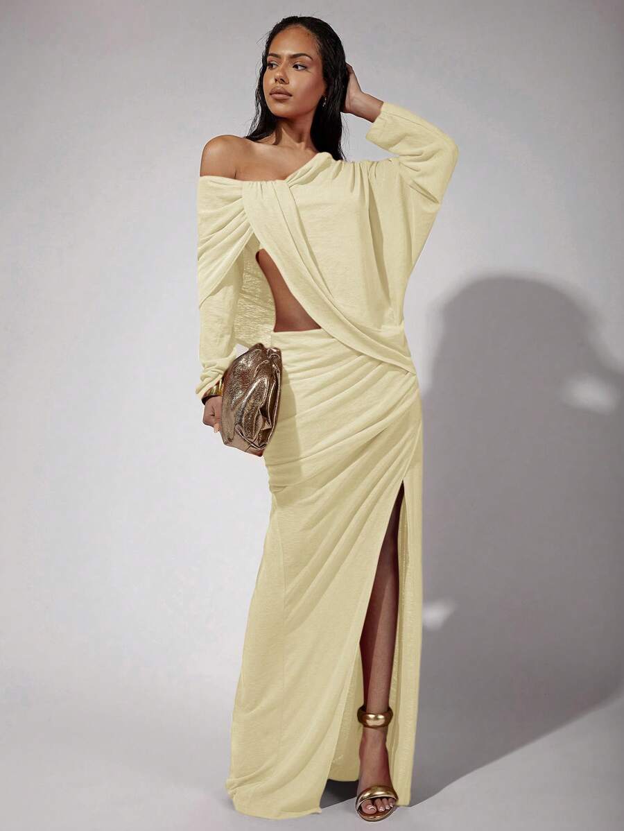 COSMINA Vestido de mujer elegante y sexy con cuello asimétrico, calado y abertura alta