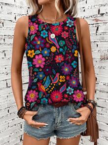 SHEIN LUNE Plus Size Tropical Floral & Parrot Print Vibrant Color Tank Top & Camisole, Suitable For Spring Summer Vacation, Great For Mother's Day