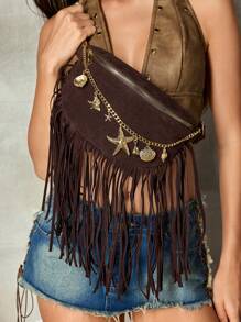 SHECARRY Bolso tipo riñonera con decoración de flecos y cadena con estilo personalizado Y2K chic para mujeres, para festivales de música