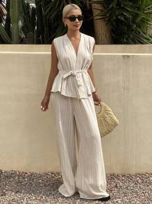 Livesso 2件套夏季新款休闲收腰女士条纹背心和阔腿裤套装亚麻