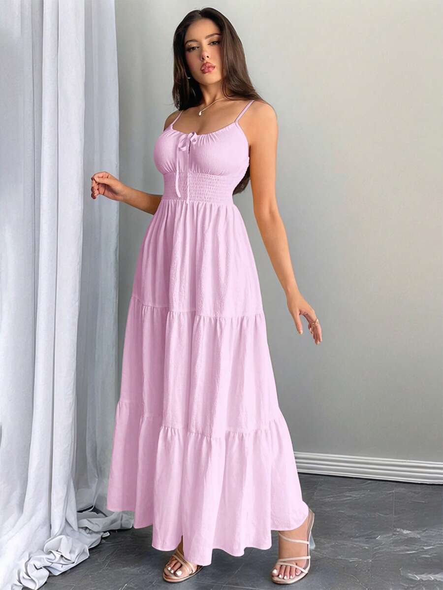 Firerie 女士黄色系带褶皱抽绳腰部 A 字连衣裙，适合通勤、优雅、性感、度假、海滩、夏威夷、浪漫、约会、情人节、音乐会、婚礼季节 - 紫丁香色 - 查看 1