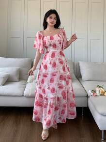 Modelyn Chiffon Batik Muster Quadratischer Ausschnitt A-Linie Kleid - Verschiedenfarbig - Übersicht 4