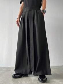 Manfinity Roghcode , 男士纯色褶皱口袋休闲时尚长裤, 阔腿, 宽松黑色裤子, 宽松裤子, 宽松正装裤男士, 男士阔腿裤 - 黑色 - 查看 7