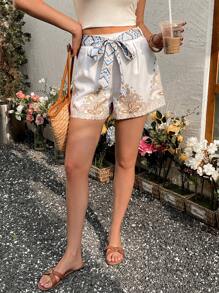 SHEIN LUNE Pantalones cortos de mujer con estampado de lazo y cordón, estilo de tribunal, para festivales, vacaciones, playa y aeropuerto, verano europeo - Multicolor - Ver 3