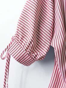 Franclia 优雅短袖衬衫，条纹衬衫，修腰泡泡袖上衣，适合女性 - 紅色 - 查看 3