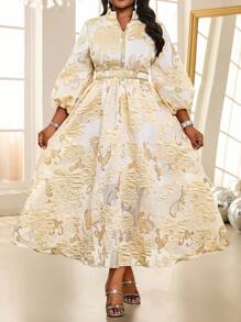 Fleurora Ladies' Floral Jacquard Long Lantern Sleeve Modest Dress Elegant Party Wedding Guests Four Seasons Old Money FestivalPlus Size Dresses Cruise Outfits Women