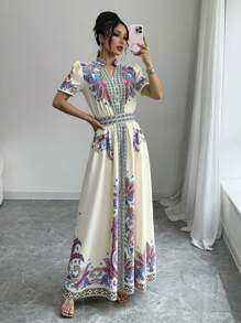 Chiquease Print Puff Sleeve Waisted Mini Dress - Apricot - View 6