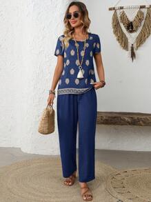 EMERY ROSE Set da 2 pezzi di maglietta con maniche corte e stampa e pantaloni a gamba dritta casual, per primavera/estate