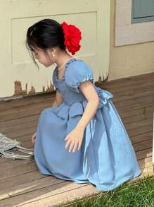 DAZY Young Girl Ruffled Bubble Short Sleeve Dress For Girls, Summer - Blue - View 3
