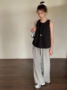 DAZY Teen Girl Solid Color Crew Neck Sleeveless Top And Striped Wide Leg Pants 2 Pieces Set,Girls Summer Outfits,Back To School Clothes