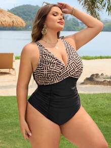 SHEIN CURVE+ 大码女式连体休闲优雅深V领聚拢修身数码印花沙滩泳衣 - 彩色 - 查看 5