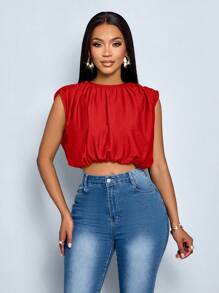 SOLERSUN Camisa sin mangas con plisado de unicolor para uso diario de mujer en primavera y verano - Rojo - Ver 7
